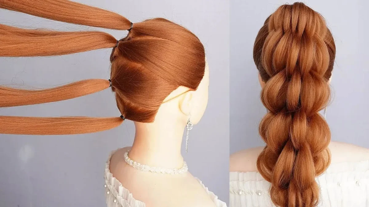 آموزش مرحله به مرحله بافت موی مجلسی حجیم با کش چهل گیس؛ تصویر چپ تقسیم بندی چهار تایی دم اسبی و تصویر راست مدل موی نهایی زنجیری پف دار.