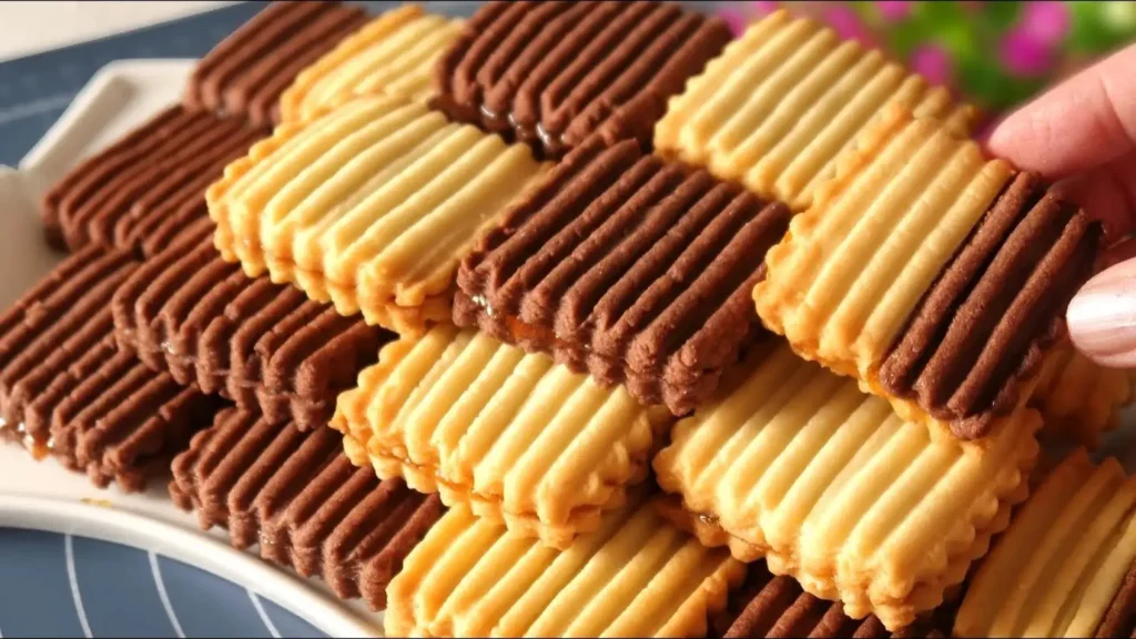 بیسکویت‌های کره‌ای دو رنگ وانیلی و شکلاتی که به صورت ساندویچی و با بافتی کنگره‌ای در یک ظرف سفید چیده شده‌اند.