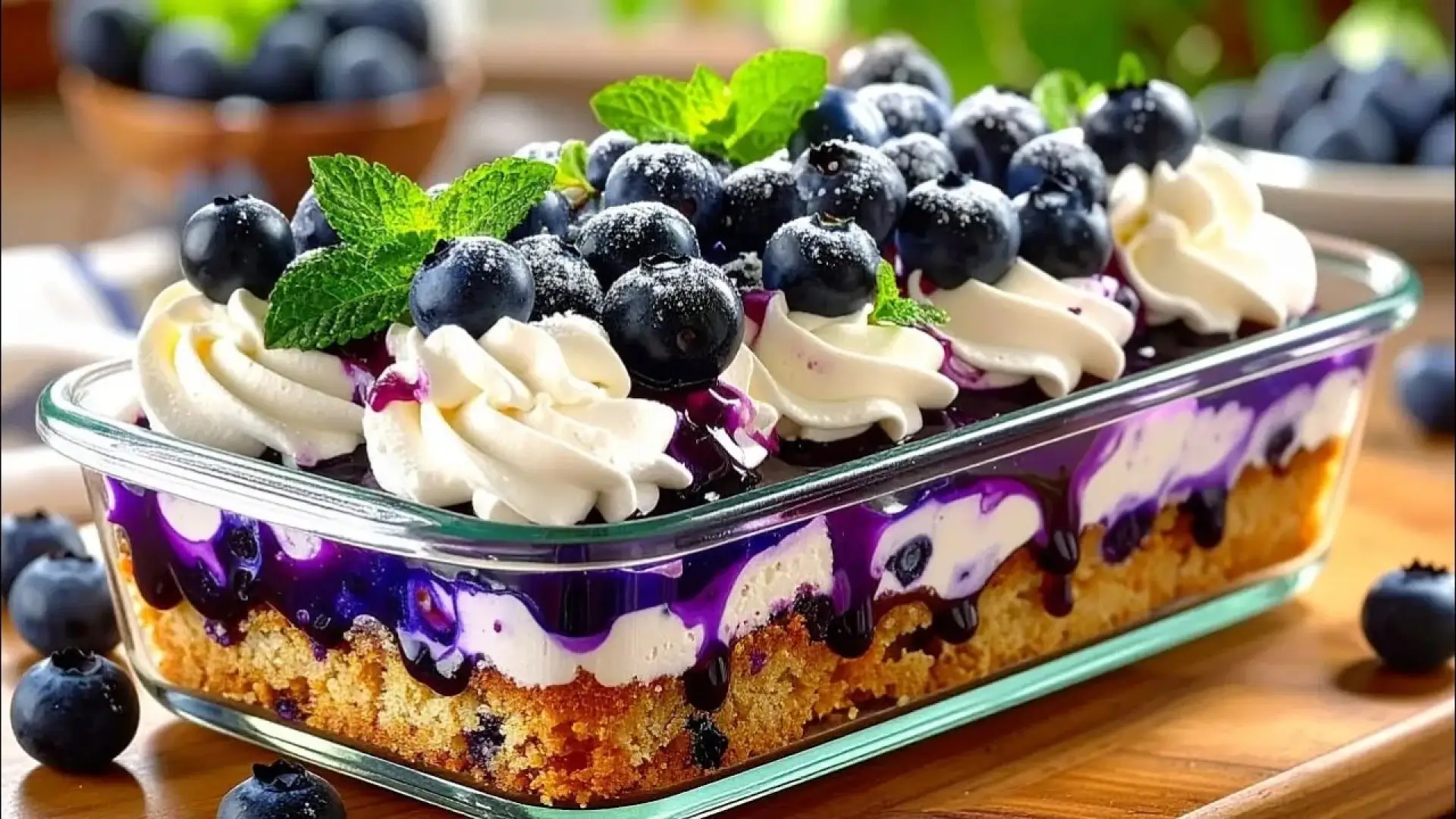 دسر تیرامیسو بلوبری در ظرف شیشهای مستطیلی با لایههای بیسکویت، کرم پنیری، سس بلوبری و تزئین شده با بلوبری تازه و برگ نعنا.