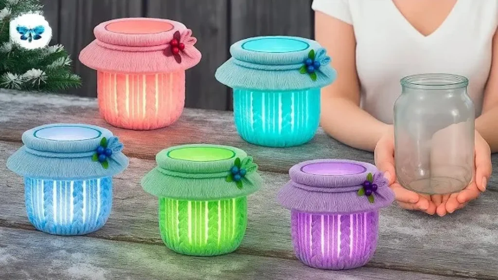 آموزش تزیین شیشه مربا با نخ مکرومه رنگی برای ساخت جا شمعی و چراغ خواب فانتزی