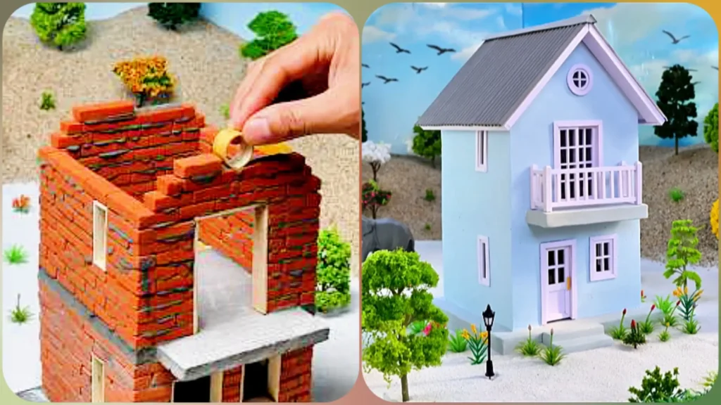مراحل ساخت ماکت خانه دو طبقه ویلایی با چیدن آجرهای قرمز مینیاتوری و نمای نهایی آبی رنگ
