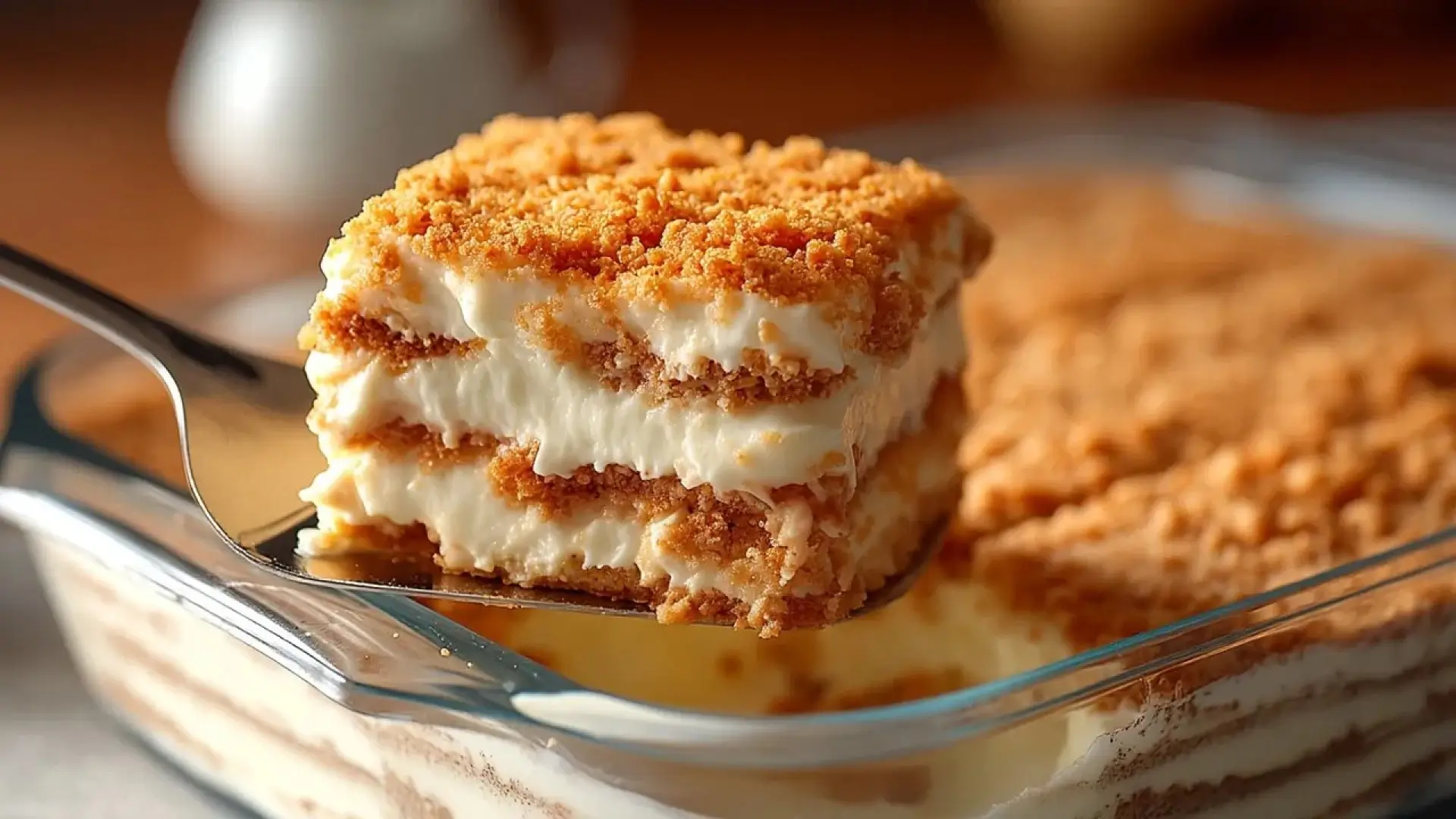 برش مربعی از دسر بیسکویتی لایه‌ای (یخچالی) با کرم وانیلی و روکش خرده بیسکویت پتی‌بور