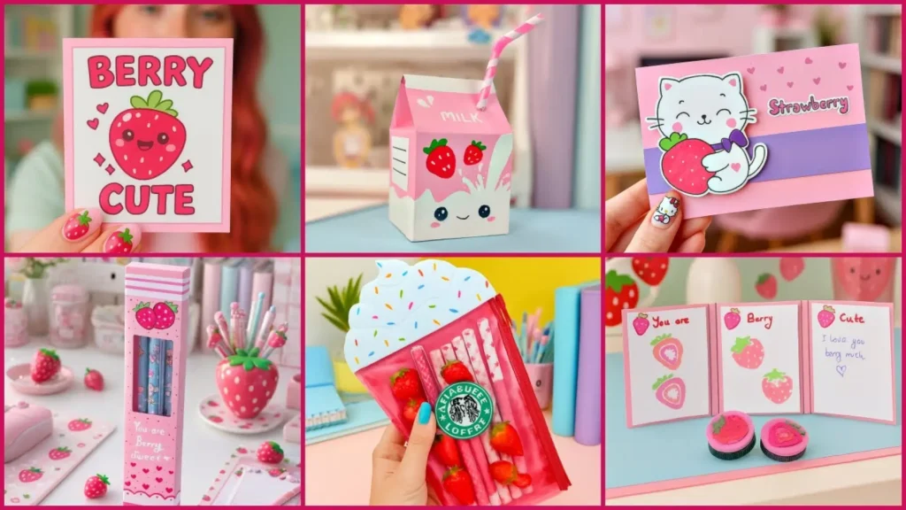 کلاژ ایده‌های کاردستی فانتزی دخترانه با تم توت‌فرنگی شامل کارت تبریک، باکس طرح پاکت شیر، جامدادی رومیزی و کیف زیپ‌دار طرح نوشیدنی