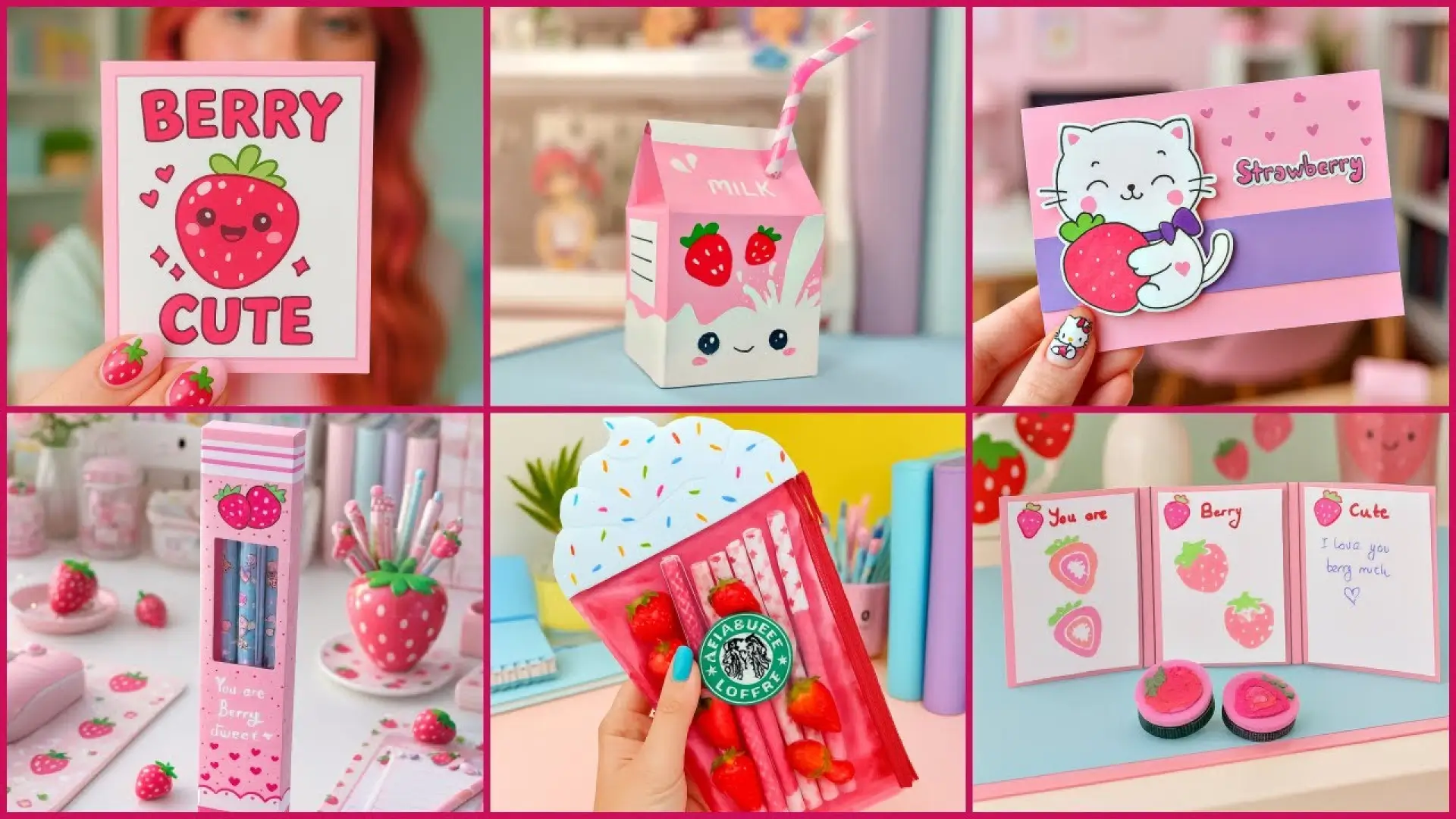 کلاژ ایدههای کاردستی فانتزی دخترانه با تم توتفرنگی شامل کارت تبریک، باکس طرح پاکت شیر، جامدادی رومیزی و کیف زیپدار طرح نوشیدنی