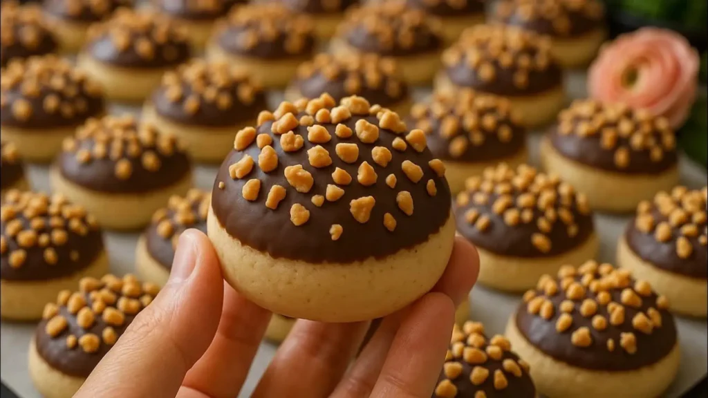 شیرینی خانگی گرد با روکش شکلات قهوهای و تزیین خردههای بادام زمینی در دست