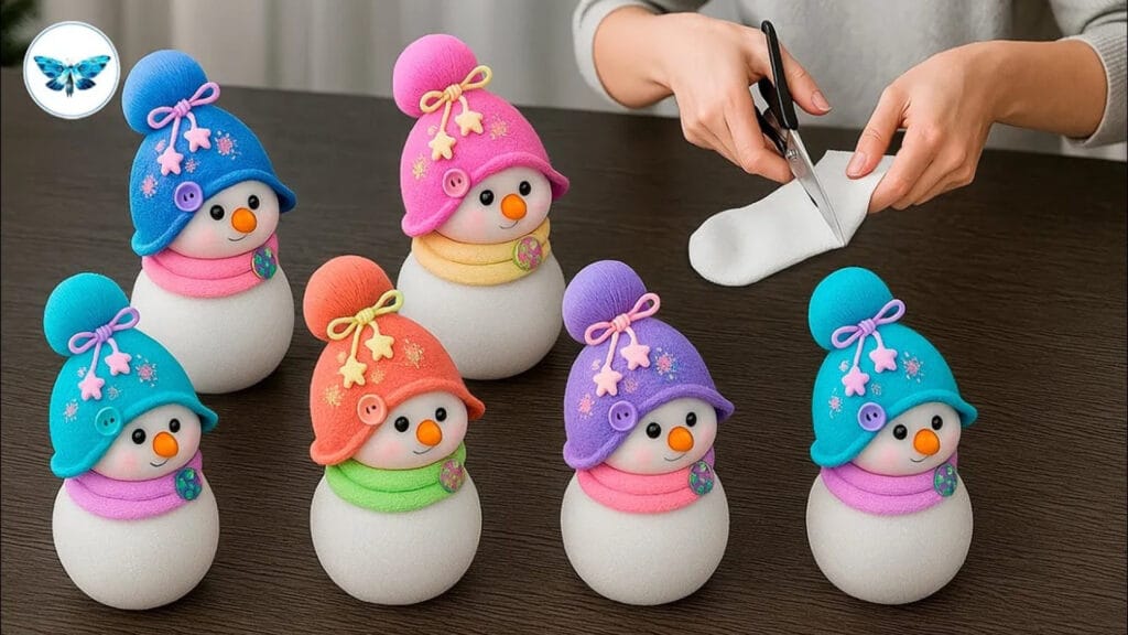 مراحل ساخت پنج عروسک آدم برفی با کلاه‌های رنگی از جوراب و برش جوراب سفید با قیچی