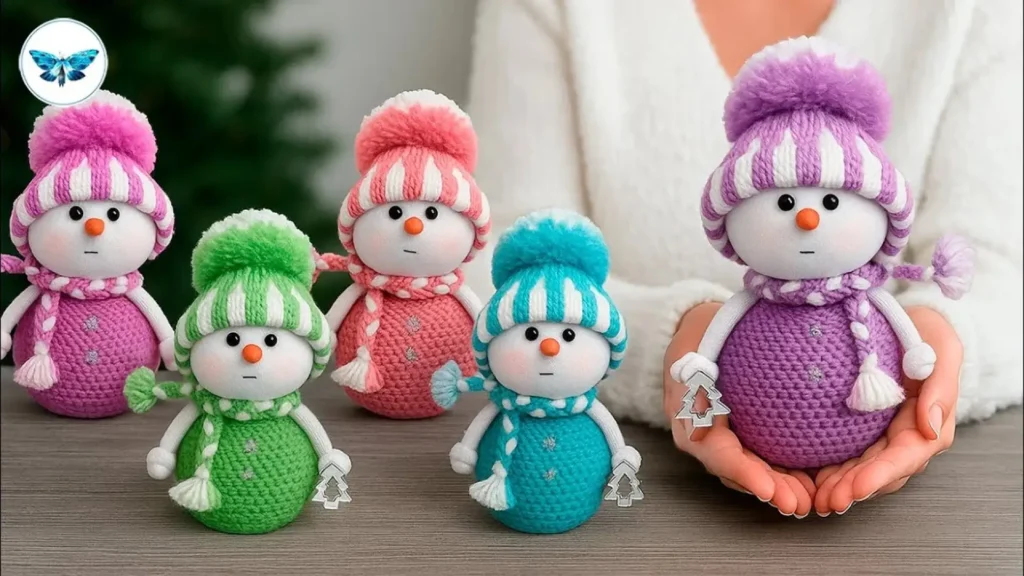 پنج عروسک آدم برفی دست‌ساز رنگارنگ با کلاه و شال‌گردن بافتنی مناسب برای دکوراسیون زمستانی و کریسمس