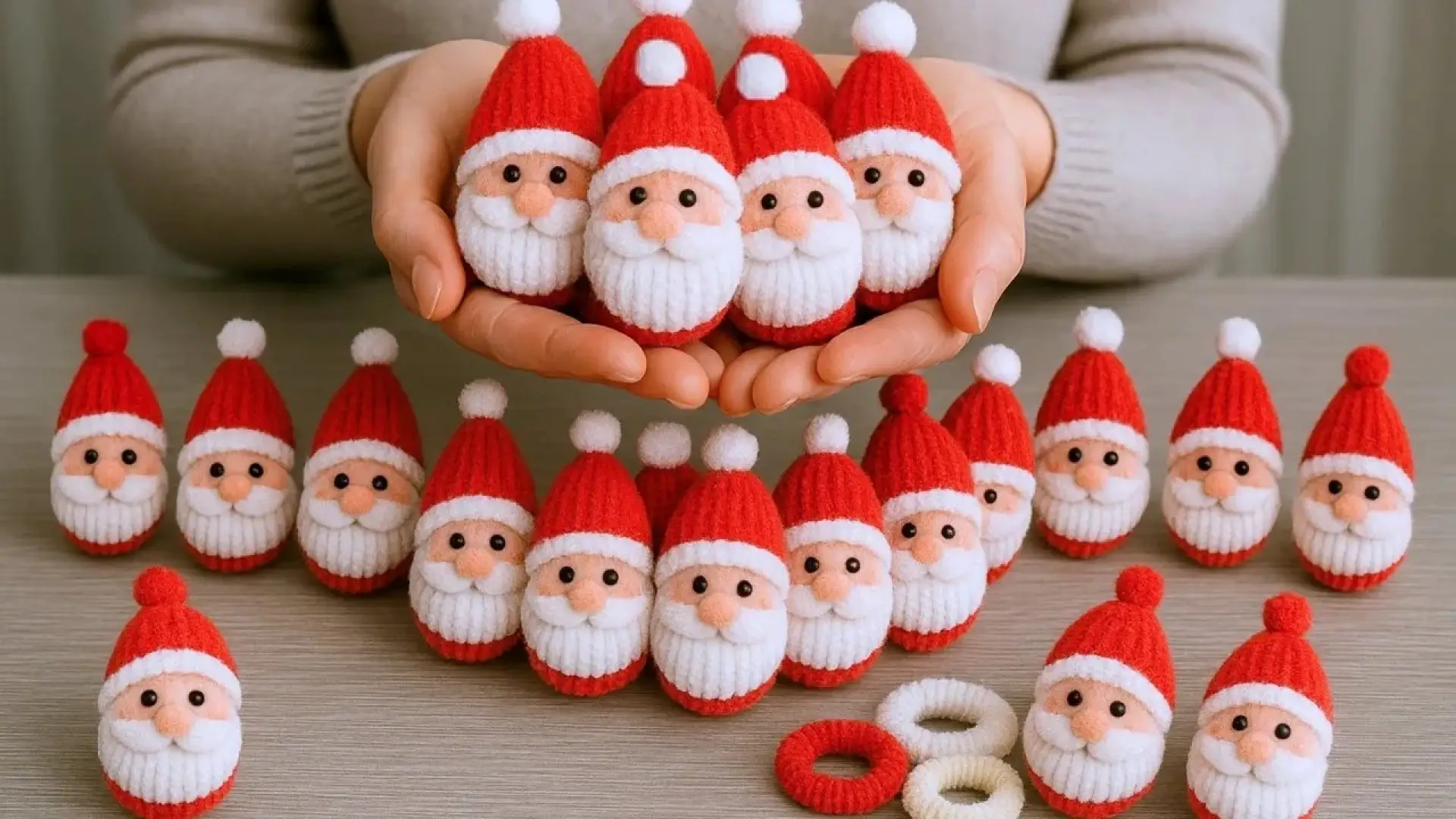 تصویری از چندین عروسک کوچک و دست‌ساز بابانوئل که با استفاده از کش مو ساخته شده و در دست یک فرد قرار گرفته‌اند.