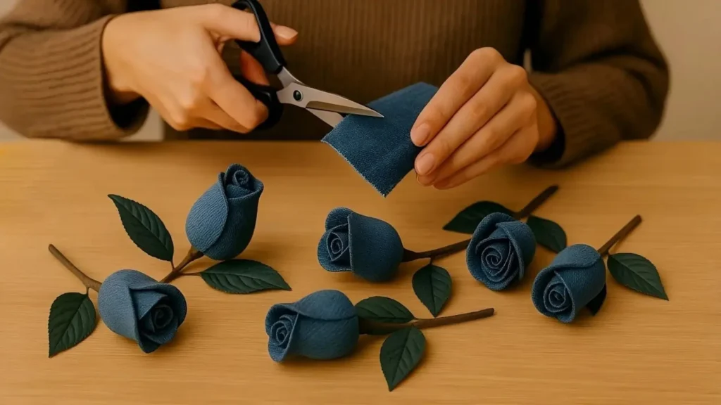 برش زدن تکه پارچه آبی ضخیم یا جین با قیچی برای ساخت گل رز مصنوعی و شاخه گلهای پارچهای آماده روی میز