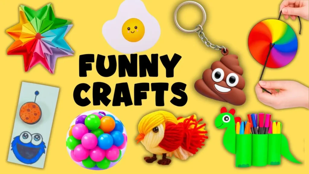 کلاژی از ایده‌های کاردستی آسان و سرگرم‌کننده شامل جامدادی دایناسوری، ستاره کاغذی رنگین‌کمانی، اسباب‌بازی چرخان و جاکلیدی ایموجی.