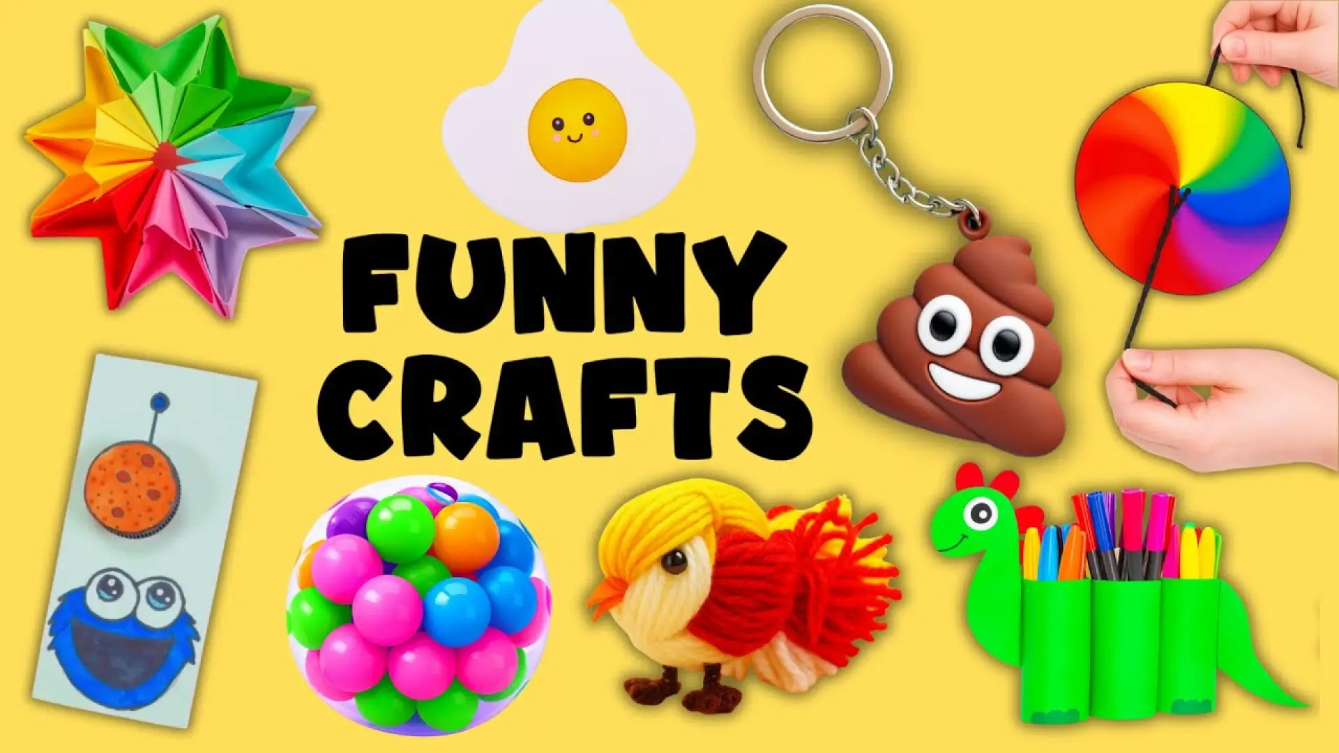 کلاژی از ایده‌های کاردستی آسان و سرگرم‌کننده شامل جامدادی دایناسوری، ستاره کاغذی رنگین‌کمانی، اسباب‌بازی چرخان و جاکلیدی ایموجی.