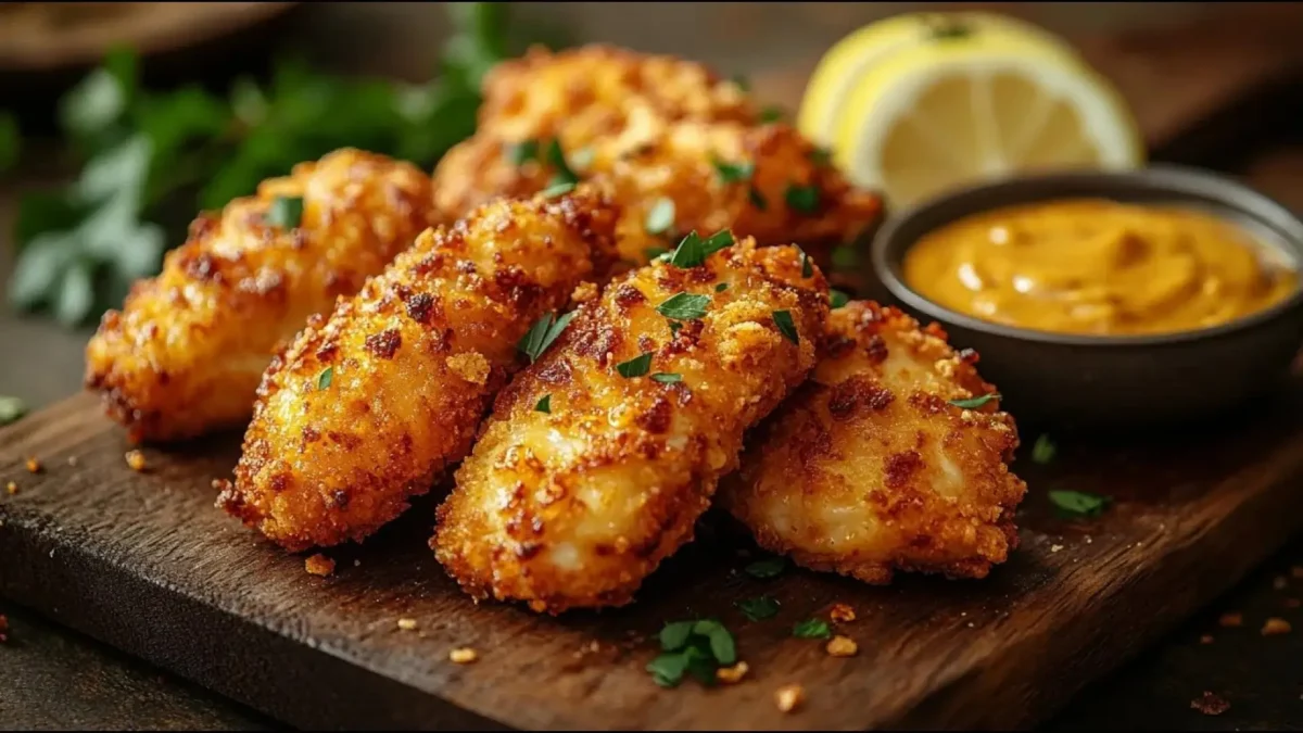 بشقاب فیله مرغ سوخاری شده با روکش کورن فلکس روی تخته چوبی همراه با سس دیپ عسل و خردل