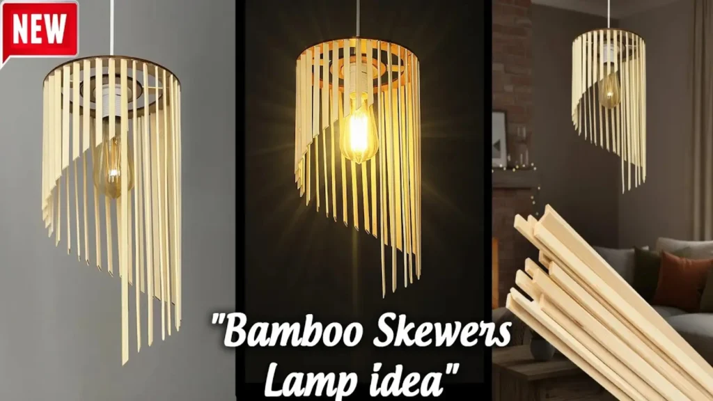 لوستر آویز سقفی مدرن با طرح مارپیچ ساخته شده از سیخ‌های چوبی بامبو در حالت روشن و خاموش
