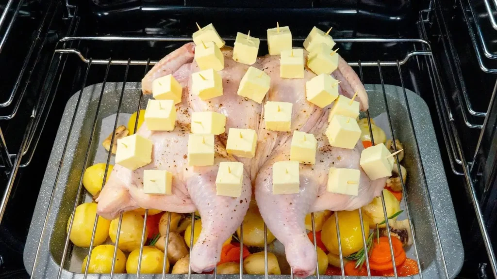 آماده سازی مرغ تنوری مجلسی با قرار دادن مکعب های کره روی پوست و سبزیجات (سیب زمینی و هویج) در سینی فر
