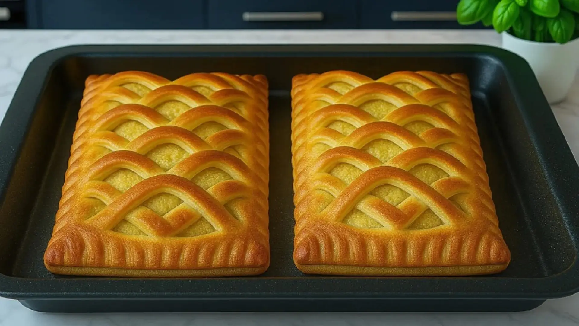 دو نان نارگیلی مستطیلی با رویه حصیری و بافت زیبا که پس از پخت در سینی فر قرار گرفتهاند و آماده سرو هستند.