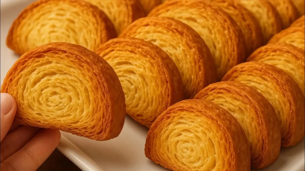 بافت داخلی و لایهلایه نان کروسان رولی خانگی با رنگ طلایی و مغز پخت