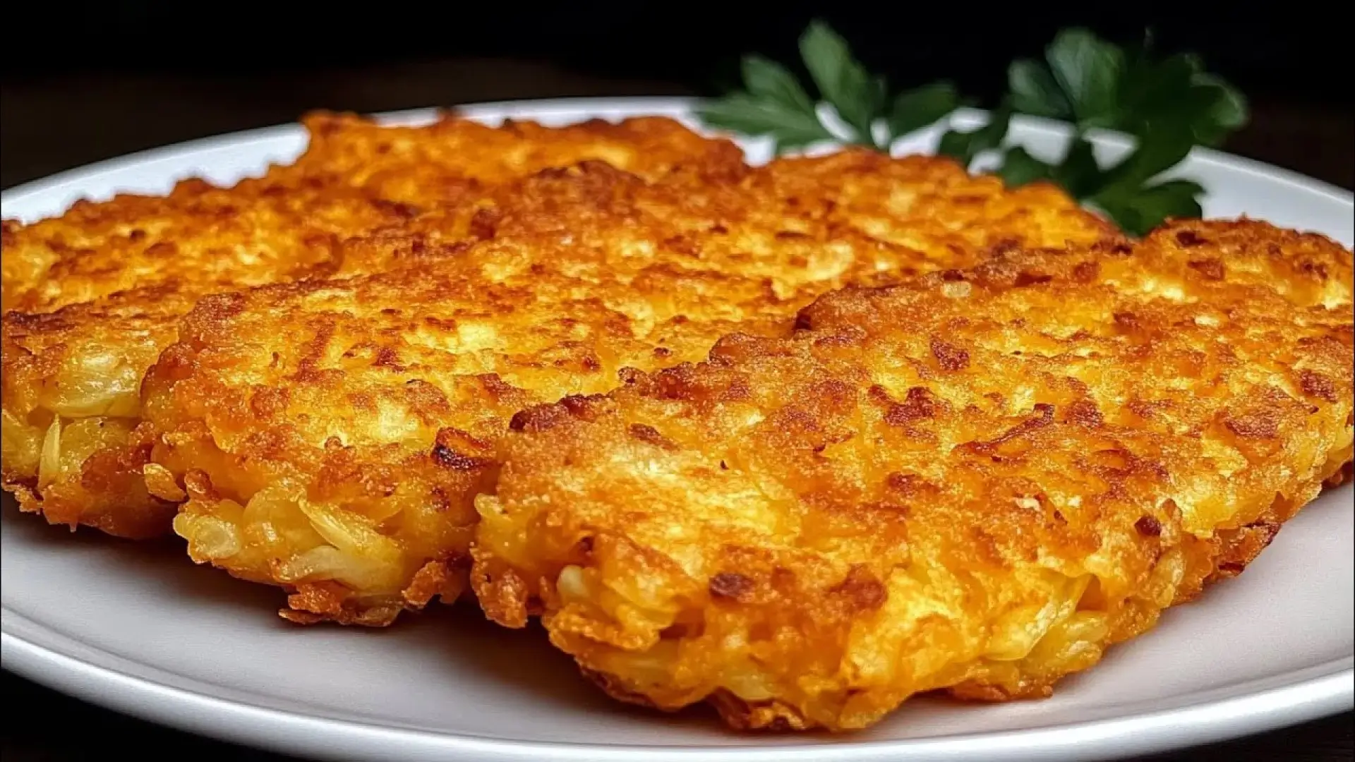 پنکیک‌های برشته کلم و تخم‌مرغ در بشقاب سفید با تزیین جعفری تازه