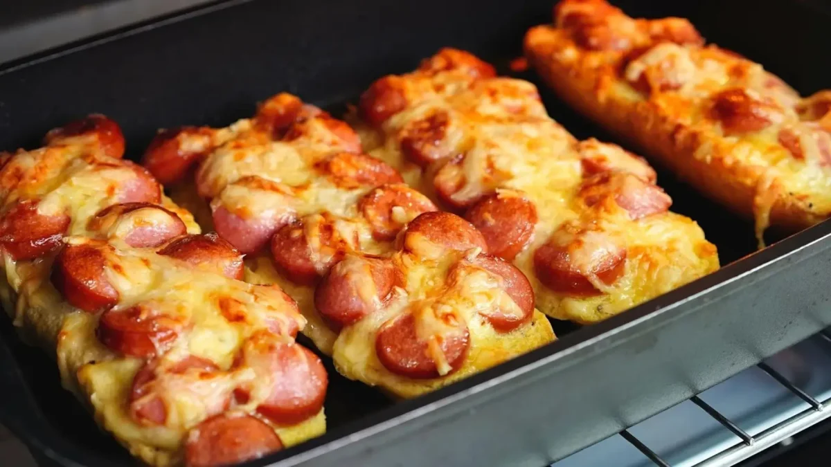 پیتزای نان باگت با سوسیس و پنیر پیتزای ذوب شده در سینی فر.