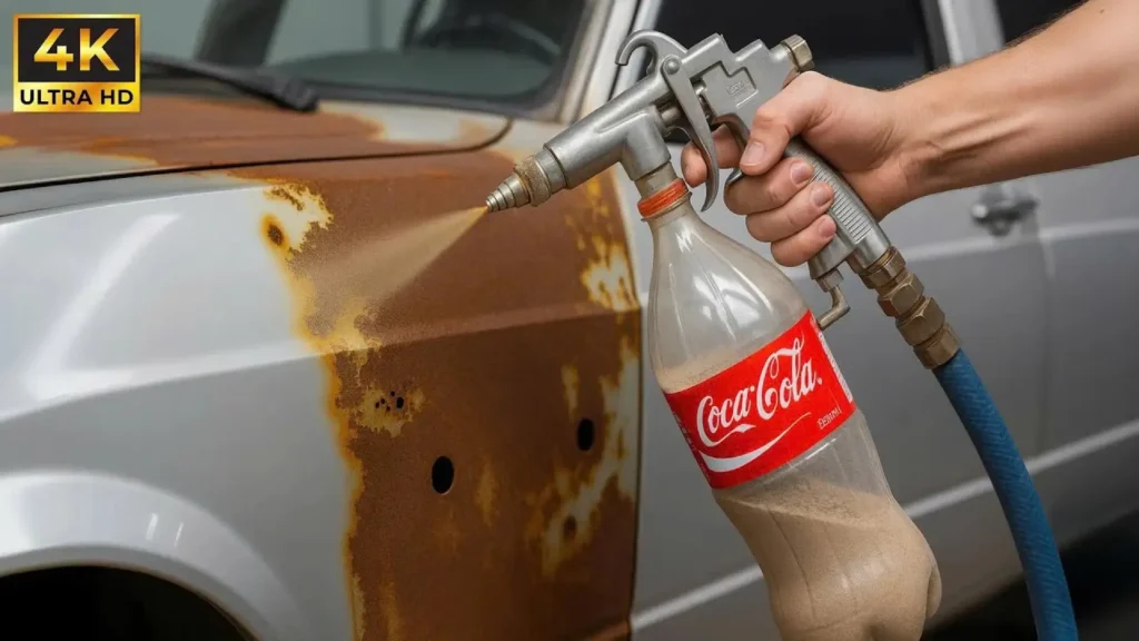 دست در حال استفاده از دستگاه سندبلاست دست ساز که با یک بطری پلاستیکی نوشابه ساخته شده برای پاک کردن زنگ زدگی از روی گلگیر یک ماشین.