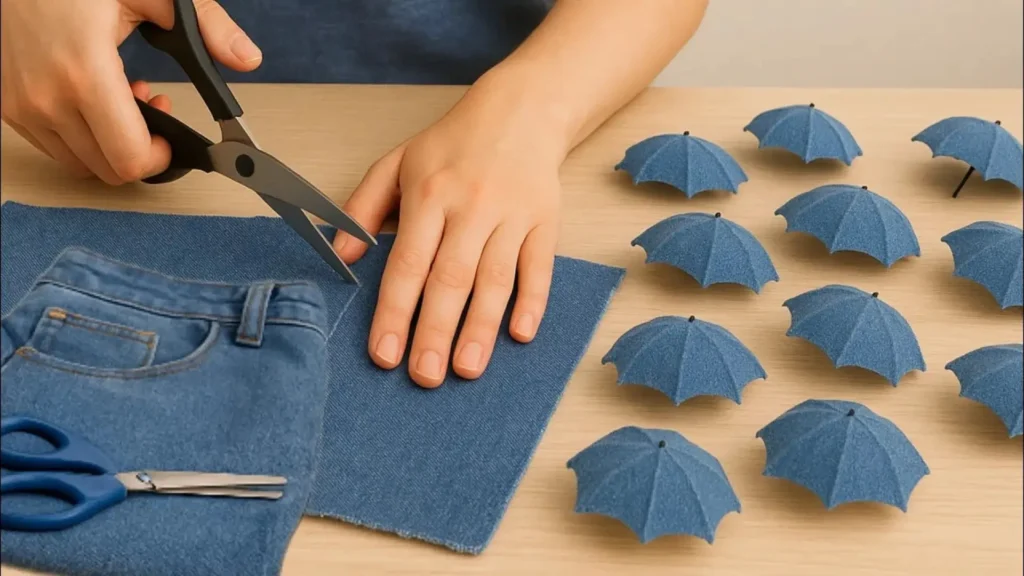 نمایی از یک میز کار که روی آن، دستی در حال بریدن پارچه لی با قیچی است. در کنار آن، چند چتر مینیاتوری تزئینی که با همان پارچه لی ساخته شده‌اند، به صورت منظم چیده شده‌اند.