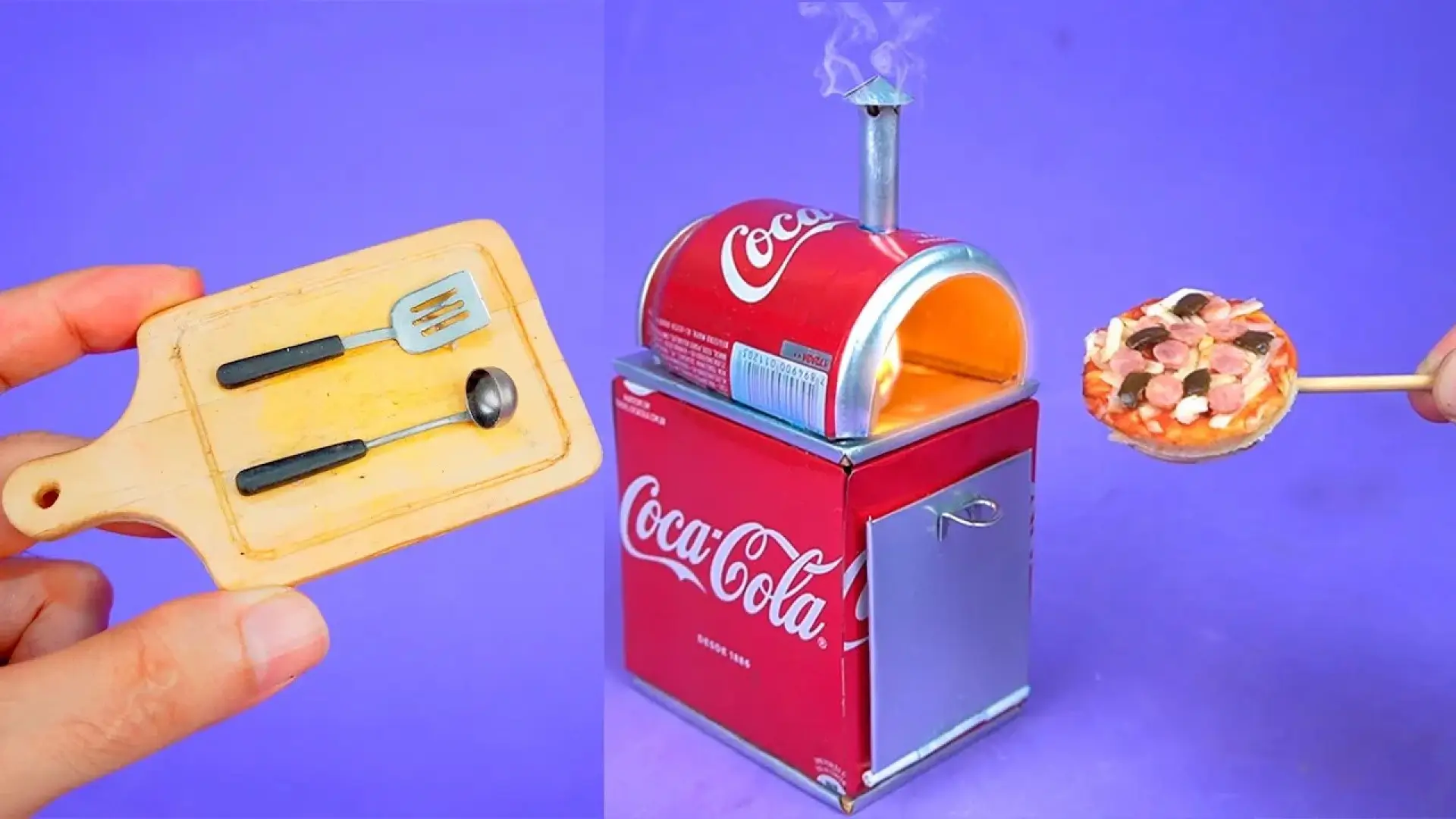 ساخت اجاق هیزمی مینیاتوری با قوطی قرمز کوکاکولا و پخت پیتزای بندانگشتی در کنار ابزارهای آشپزی کوچک روی زمینه بنفش