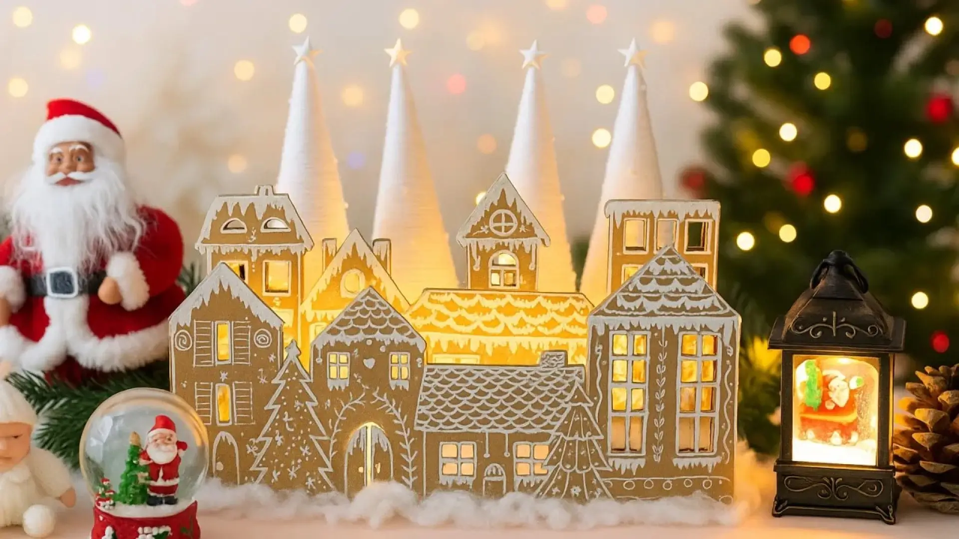 ماکت مقوایی دهکده زمستانی با نورپردازی داخلی و تزیینات کریسمس و بابانوئل روی میز