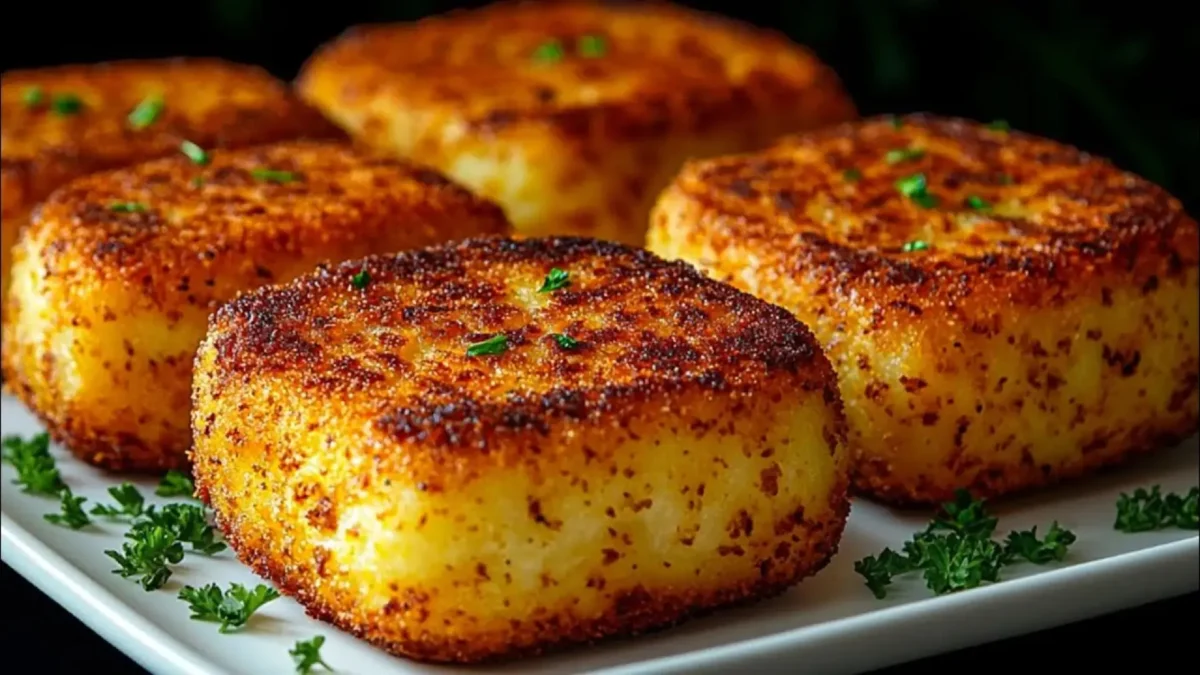 طرز تهیه کتلت سیب زمینی سوخاری مربعی شکل با بافت ترد و طلایی تزیین شده با جعفری خرد شده