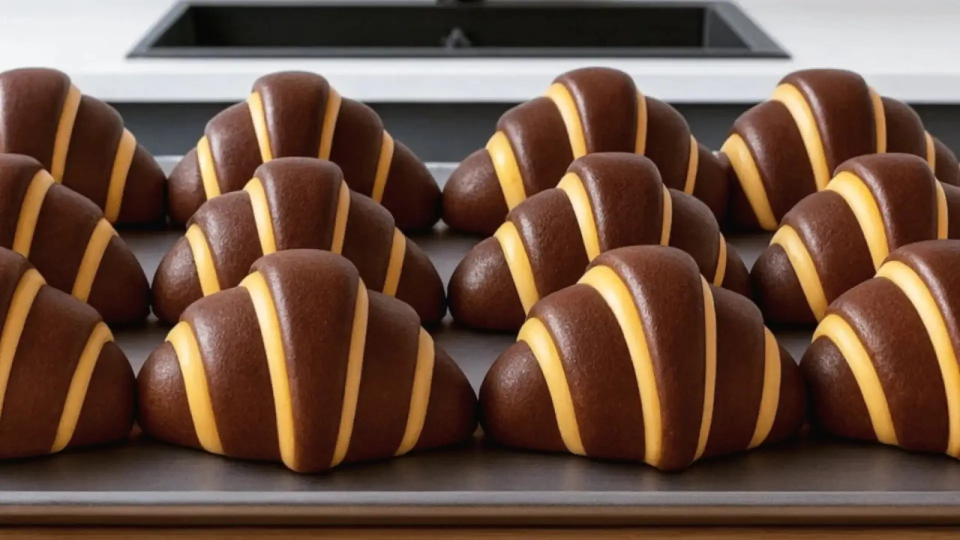 سینی فر پر از نان‌های کروسان دورنگ شکلاتی و ساده آماده پخت با ظاهر راه‌راه جذاب