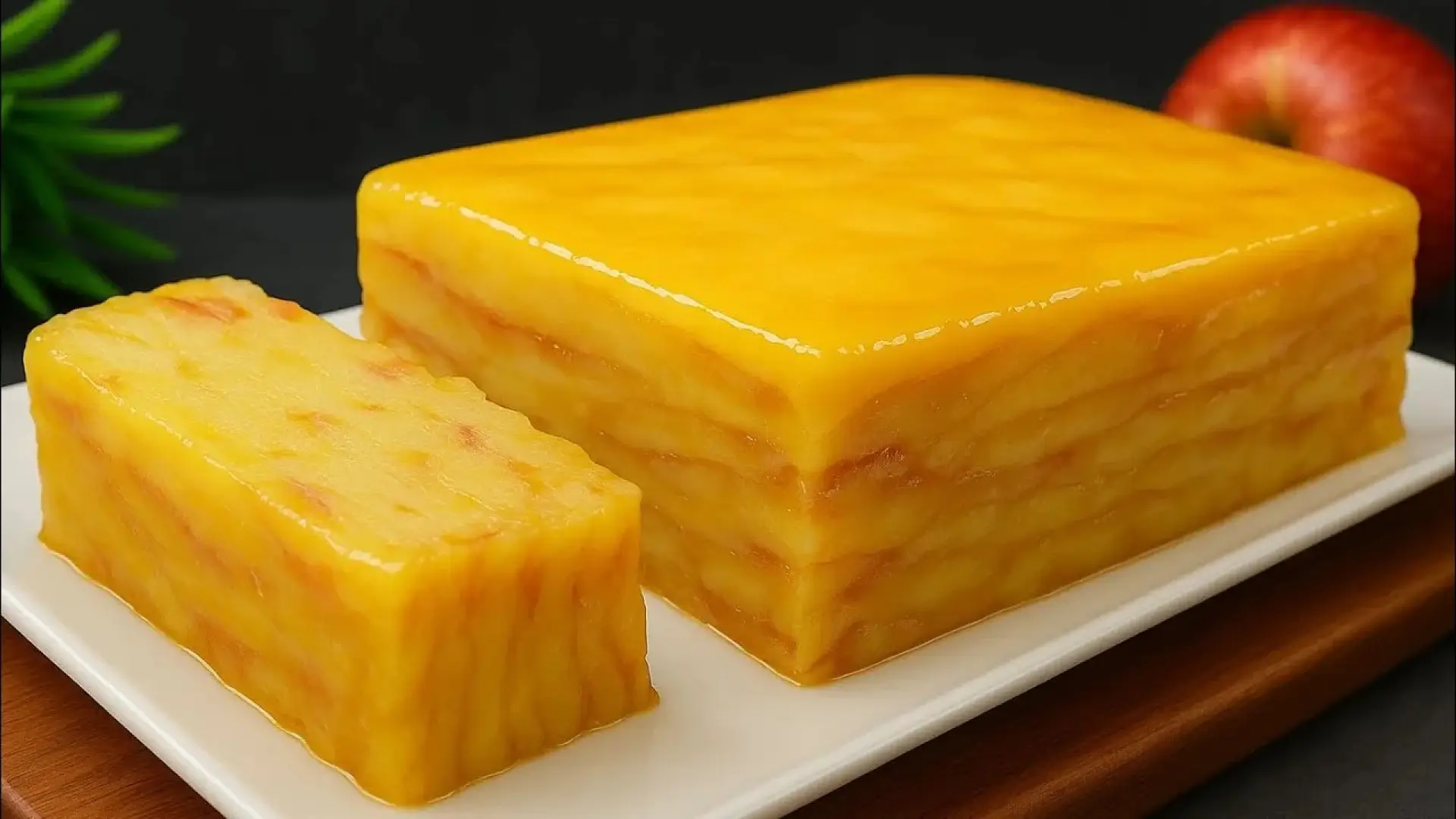 برش کیک سیب لایه‌ای فرانسوی (گاتو نامرئی) با ظاهری ژلاتینی و زرد رنگ در کنار یک سیب قرمز کامل