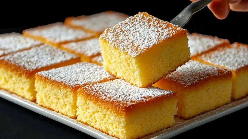 برشهای مربعی کیک لیمویی سوئیسی ساده با پودر قند که یک تکه از آن با چنگال در حال برداشته شدن است.