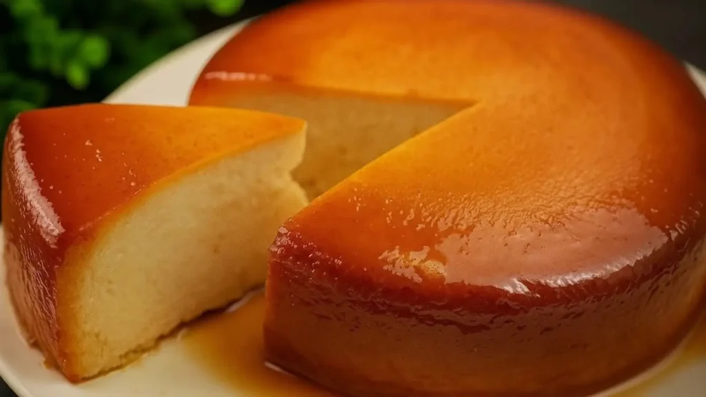 برش کیک کرم کارامل خانگی (فلن کیک) با بافت دو لایه لطیف و سس کاراملی براق