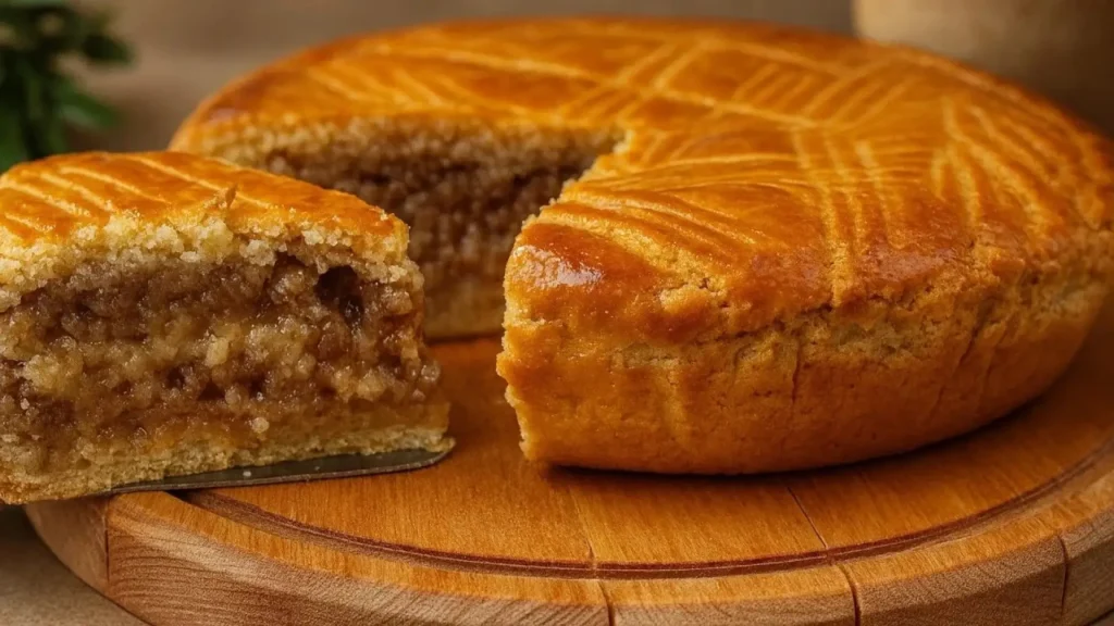 کیک گاتا گردویی بزرگ و طلایی روی تخته برش چوبی، که یک اسلایس از آن جدا شده و فیلینگ غنی گردویی آن کاملا مشخص است.