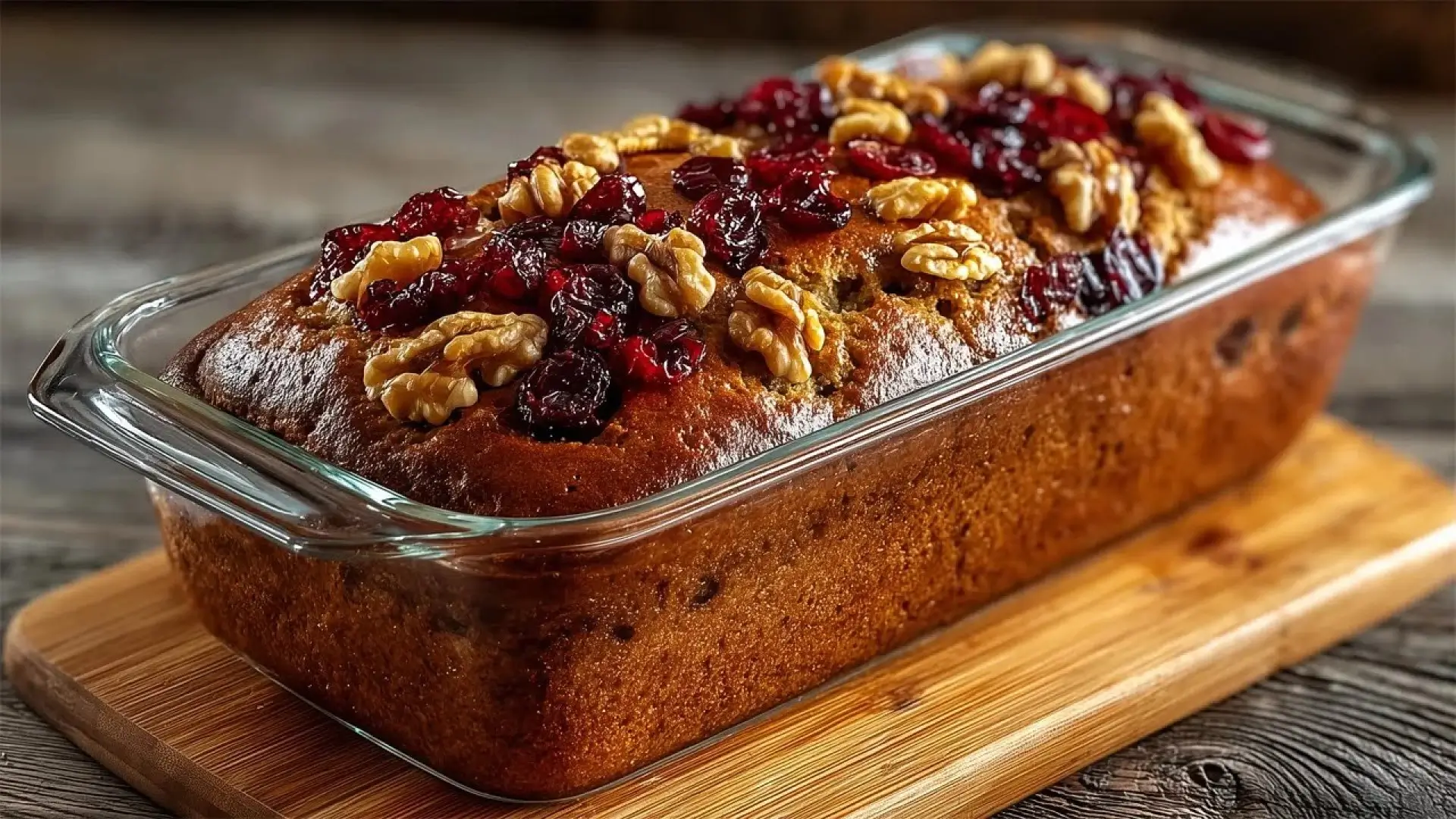 کیک صبحانه و عصرانه مستطیلی (لوف) با تزیین مغز گردو و کرنبری خشک در ظرف شیشه‌ای پیرکس