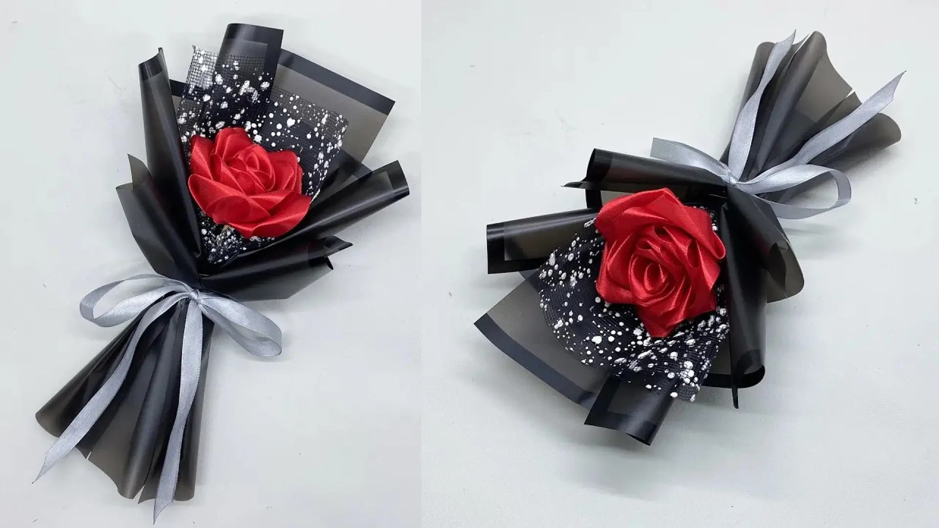 دسته گل تک شاخه رز قرمز ساخته شده با روبان ساتن و کاغذ کادو مشکی طرحدار