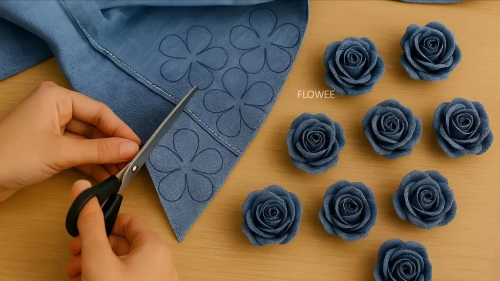 برش الگوی گل پنج پر روی پارچه لی آبی برای ساخت گل رز پارچهای دستساز