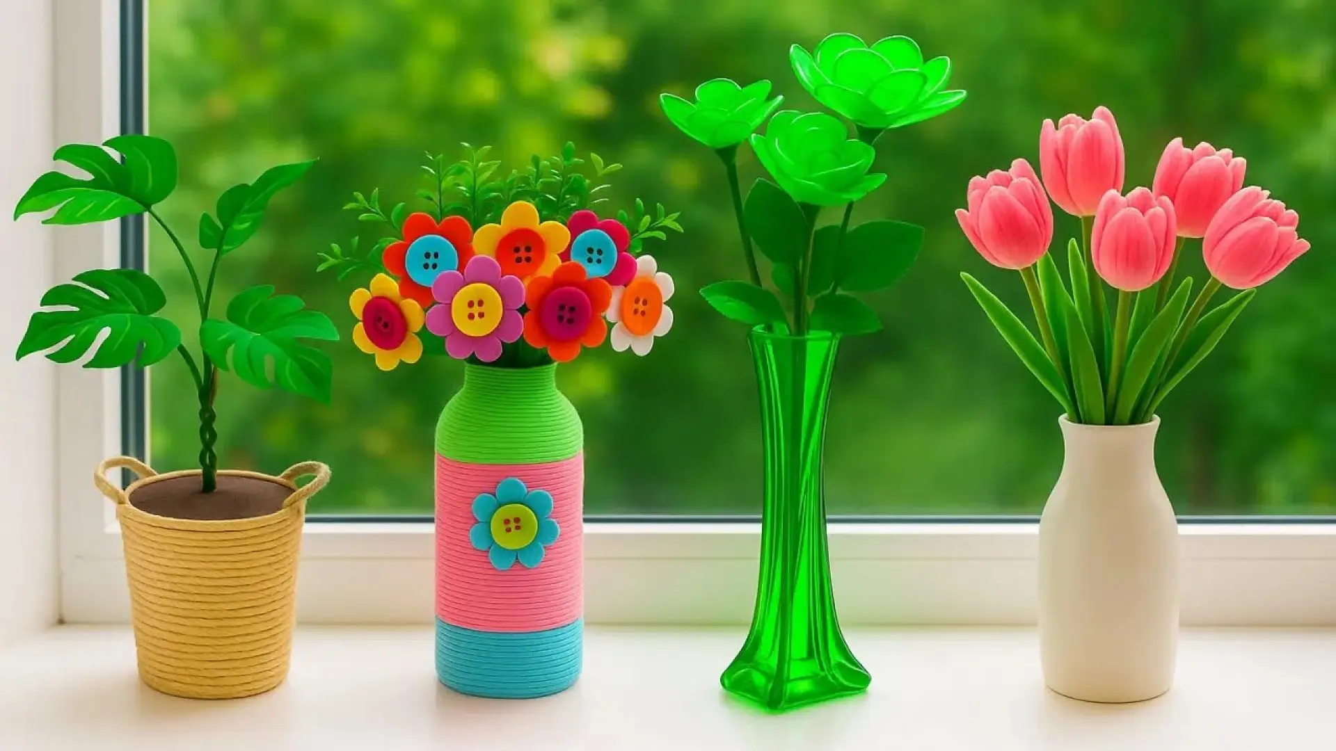 چهار مدل کاردستی گلدان و گل دستساز با استفاده از دکمههای رنگی، کاغذ، کاموا و بطری پلاستیکی روی لبه پنجره