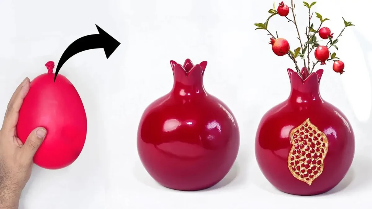 مراحل ساخت گلدان دکوری طرح انار با استفاده از بادکنک و خمیر مجسمهسازی برای تزیینات شب یلدا