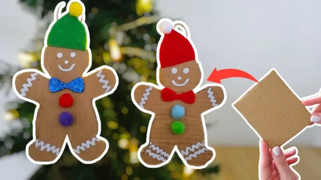 ساخت آدمک زنجبیلی با مقوا، کاردستی تزیینات کریسمس با کارتن بازیافتی، آویز درخت کریسمس طرح جینجربرد من دستساز، ایده کاردستی زمستانی برای کودکان.