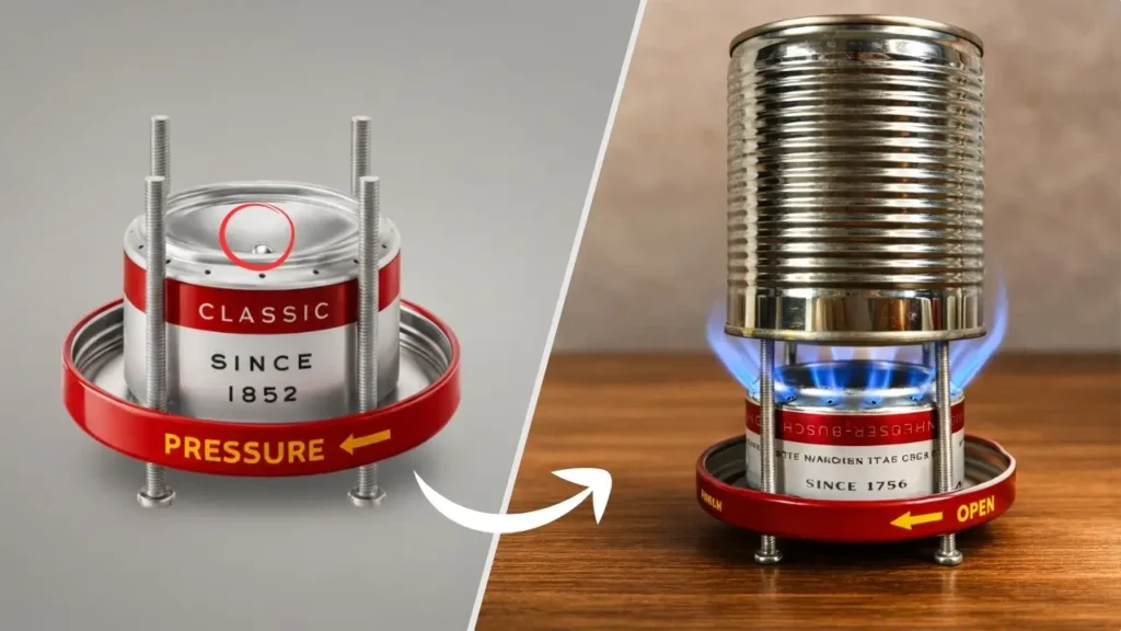 راهنمای تصویری ساخت اجاق الکلی کوهنوردی با قوطی فلزی و پیچ و مهره (طرح شماتیک و نتیجه نهایی).