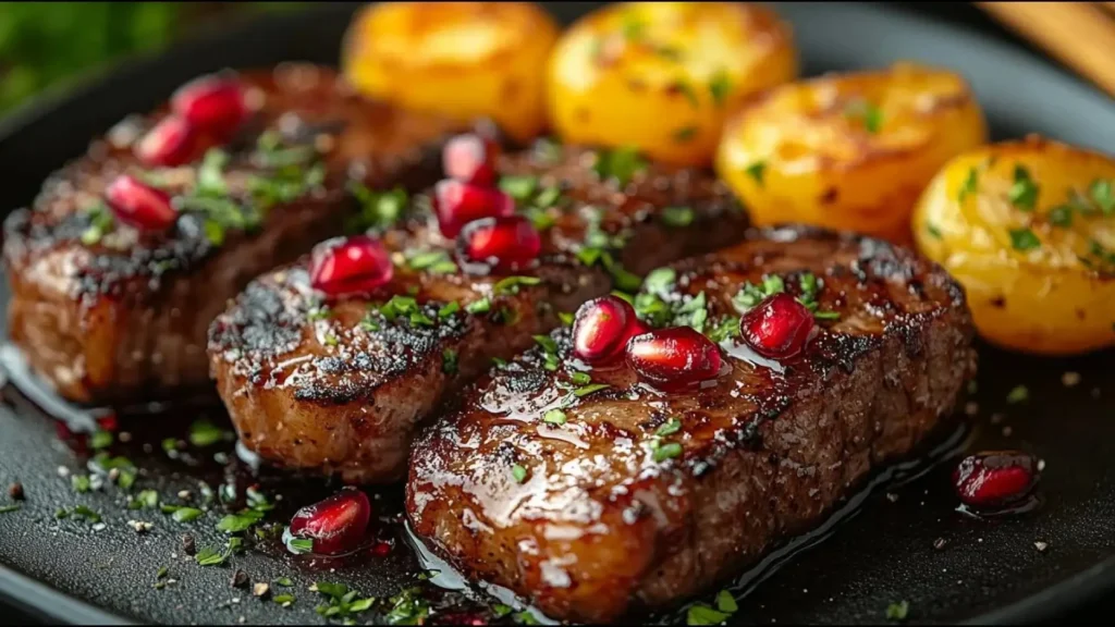 سه تکه استیک گوشت گوساله گریل شده با تزیین دانه‌های انار و جعفری خرد شده در کنار سیب زمینی تنوری
