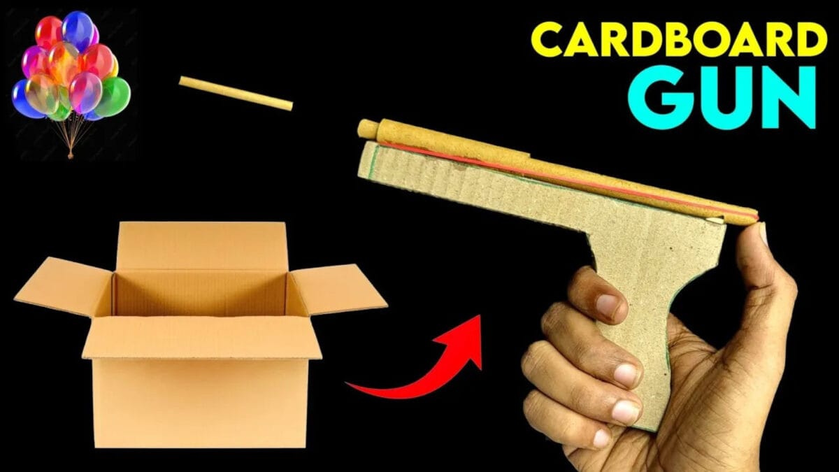 آموزش ساخت اسلحه مقوایی با کارتن بازیافتی، کاردستی تفنگ اسباببازی با مقوا، ساخت gun cardboard دستساز بدون اسباببازی فلزی، پروژه DIY کاردستی خلاقانه با جعبه مقوایی.