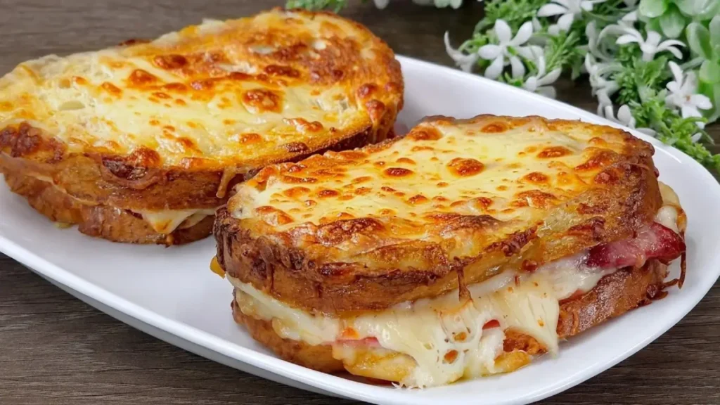 دو عدد ساندویچ تست فرانسوی برشته با پنیر پیتزای طلایی و لایه میانی ژامبون و پنیر