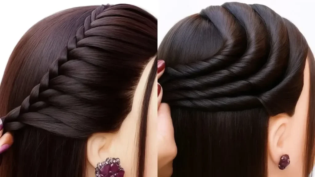 مقایسه دو مدل شینیون نیمه باز؛ بافت مو فرانسوی اریب و بافت موی طنابی پیچ‌دار روی موهای قهوه‌ای