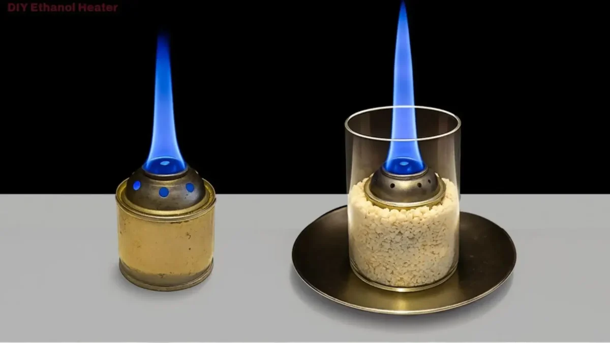 دو مدل بخاری الکلی دست ساز با قوطی فلزی و شعله آبی، یکی ساده و دیگری تزیین شده داخل استوانه شیشه ای با سنگ ریزه های سفید