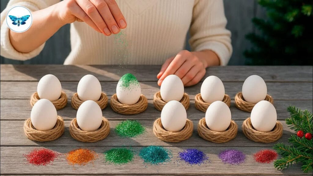 آویزهای تزیینی طرح بلوط ساخته شده با تخم مرغ فومی اکلیلی و کلاهک کنفی و تزیینات قرمز