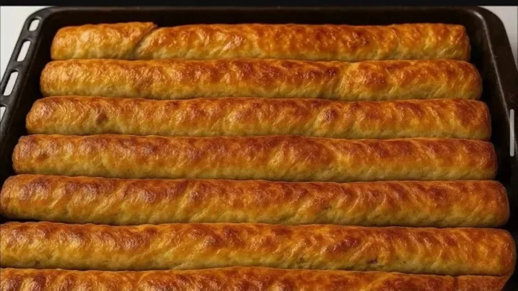 سینی فر پر از بورک گوشت لوله‌ای برشته و طلایی، نان رولتی مغزدار با گوشت چرخ کرده