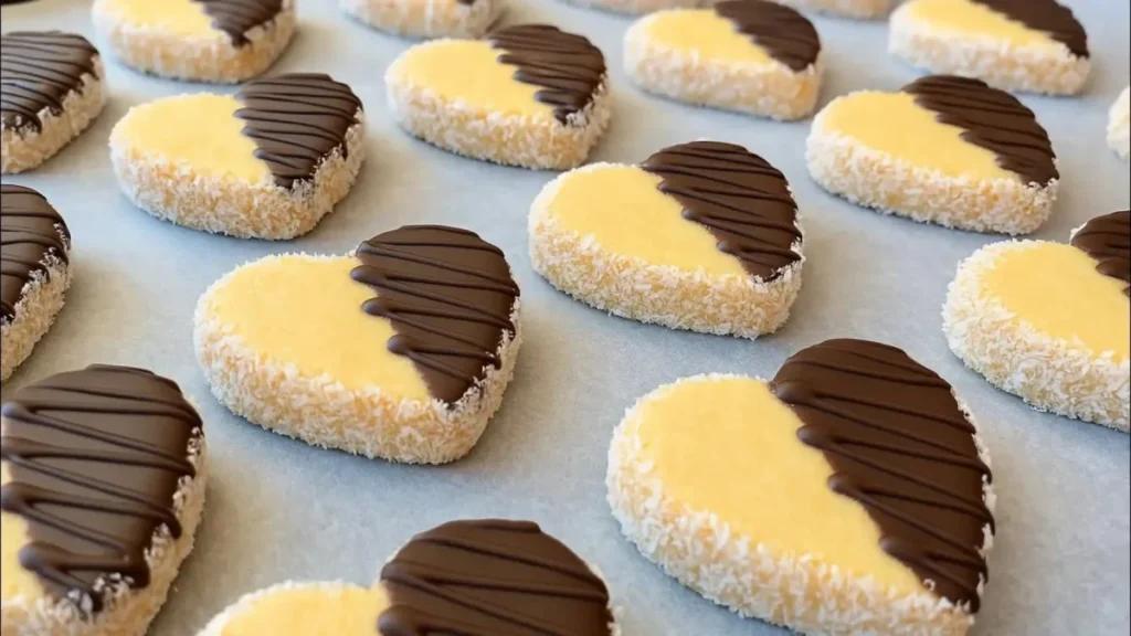 سینی فر پر از بیسکویت‌های قلبی دو رنگ با روکش شکلات تخته‌ای و پودر نارگیل