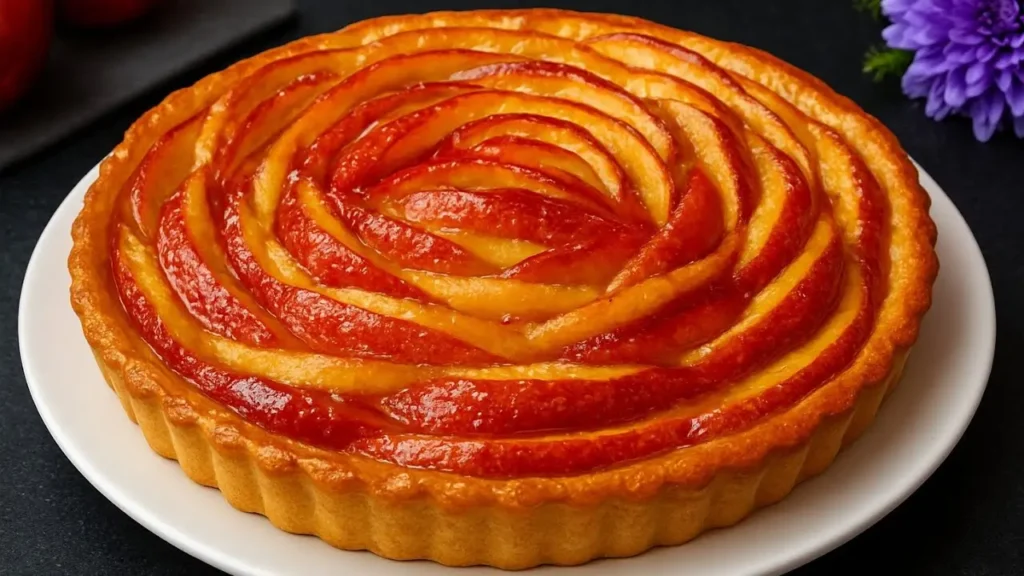 تارت سیب خانگی با حلقه‌های منظم سیب کاراملی، خمیر طلایی و براق روی بشقاب سفید
