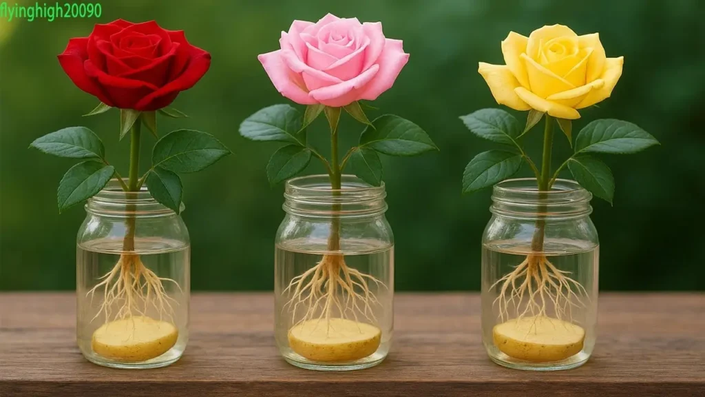 سه شیشه حاوی قلمه‌های گل رز قرمز، صورتی و زرد که انتهای آن‌ها در برش سیب‌زمینی قرار دارد و در آب ریشه داده‌اند.