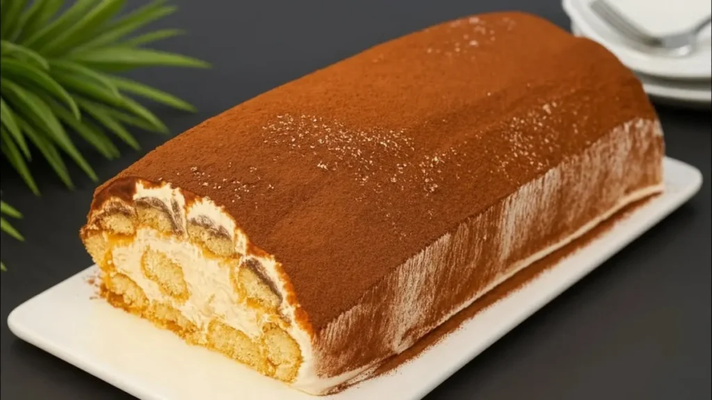 تیرامیسو قالبی خانگی با لایه‌های بیسکویت قهوه‌ای و کرم ماسکارپونه و رویه پودر کاکائو